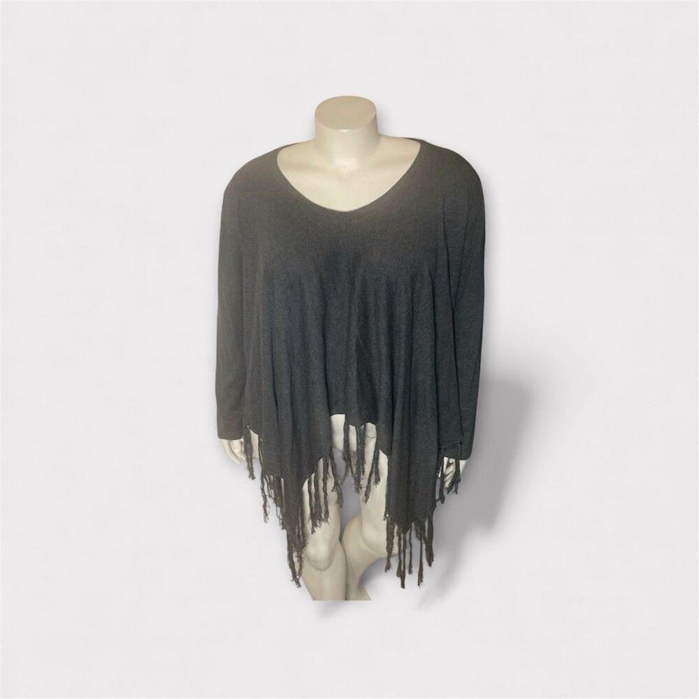 Women’s Sweater 3X Grey Fringe Hem Knit‎ Boho Lagenlook Artsy Cozy Flowy Casual